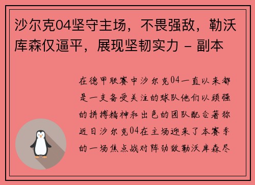 沙尔克04坚守主场，不畏强敌，勒沃库森仅逼平，展现坚韧实力 - 副本